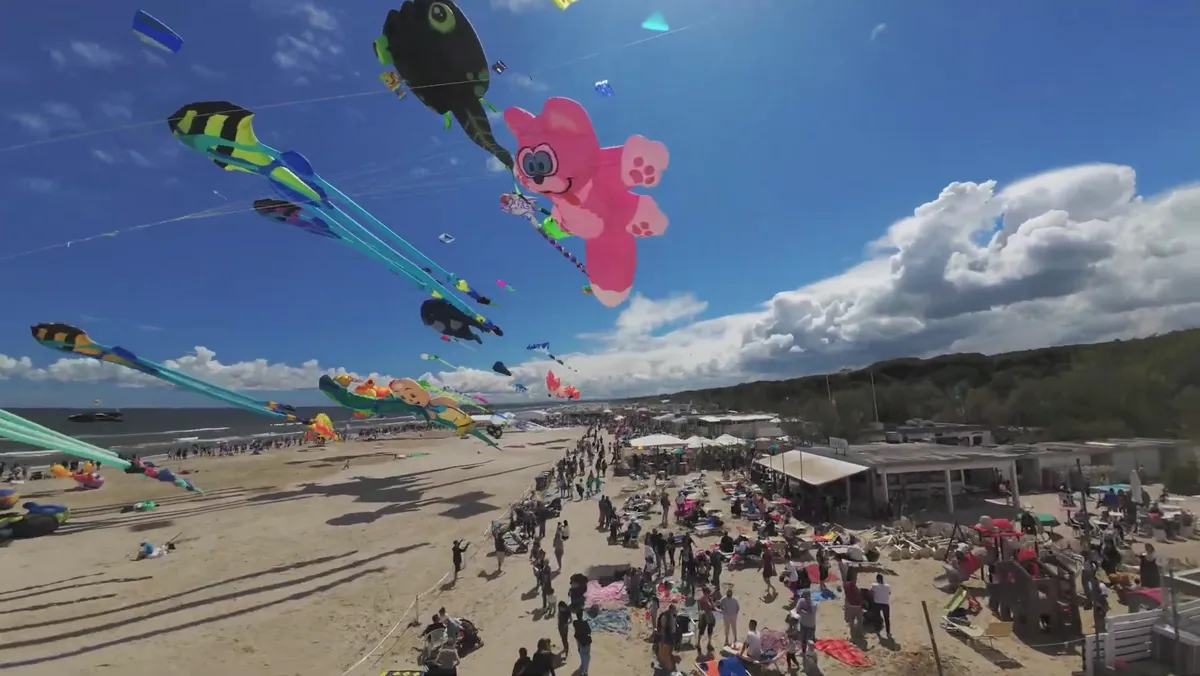 Cometa gigante de gato rosa hinchable volando sobre una playa de festival llena de gente